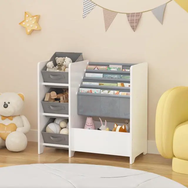 Alt view image 4 of 7 - Wooden Bookshelf and Toy Storage Organizer, Multifunctional 4 Tier Sling Book Shelf with 3 Collapsible Fabric Drawers, Toys Box for Kids Room Playroom Bedroom Classroom