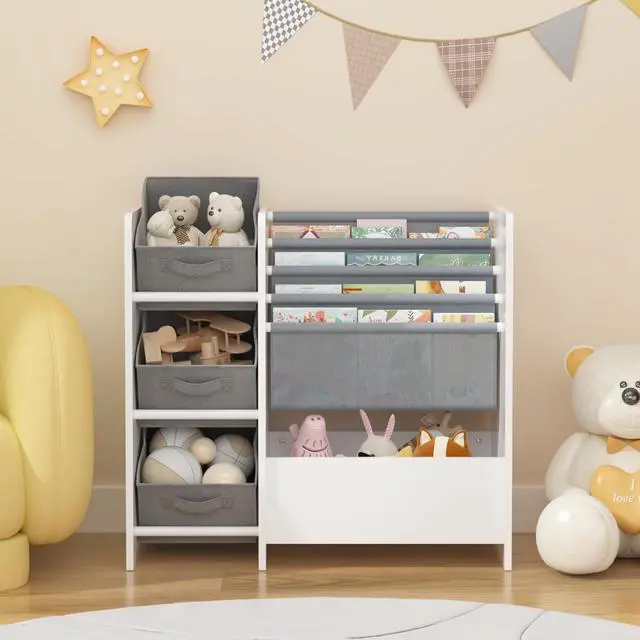 Alt view image 5 of 7 - Wooden Bookshelf and Toy Storage Organizer, Multifunctional 4 Tier Sling Book Shelf with 3 Collapsible Fabric Drawers, Toys Box for Kids Room Playroom Bedroom Classroom