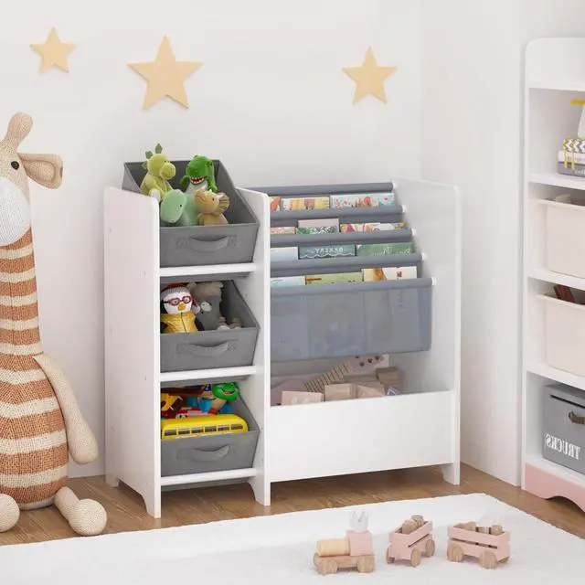 Alt view image 6 of 7 - Wooden Bookshelf and Toy Storage Organizer, Multifunctional 4 Tier Sling Book Shelf with 3 Collapsible Fabric Drawers, Toys Box for Kids Room Playroom Bedroom Classroom