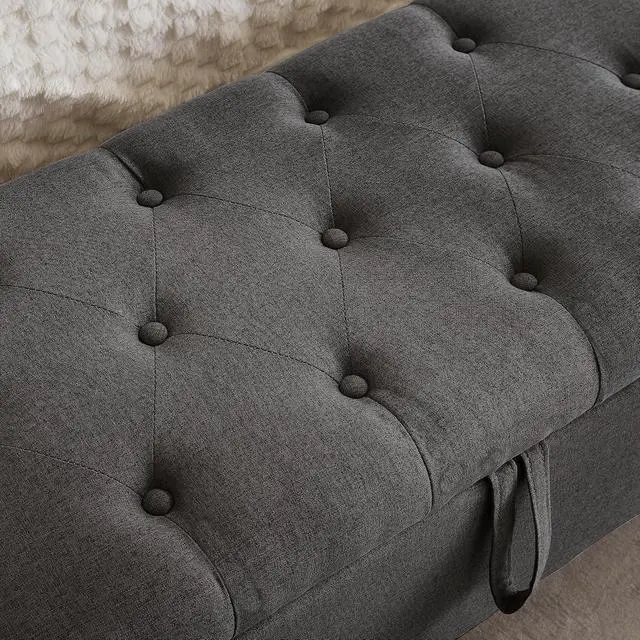 Alt view image 5 of 7 - 45" Bedroom Ottoman Bench with Lift-Top Lid, PU Leather Upholstered Storage Bench with Side Pocket, 350 lbs Weight Capacity, Button Tufted Entryway Foot Stool for End of Bed, Living Room, Dark Gray