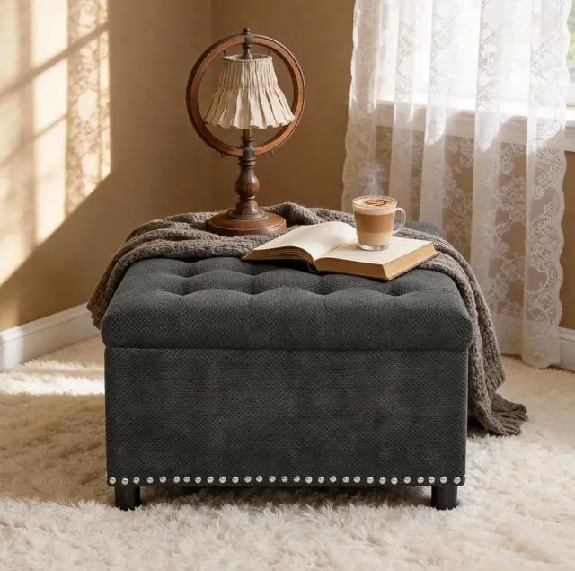 Alt view image 4 of 7 - 30" Ottoman Coffee Table with Removable Lid, Tufted Square Storage Ottoman with Nailhead Trim Decor, Upholstered Bench, Small Space Side Table, Footstool for Living Room, Bedroom, Office, Dark Gray