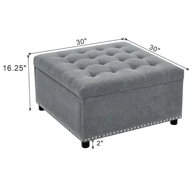 Alt view image 2 of 7 - 30" Ottoman Coffee Table with Removable Lid, Tufted Square Storage Ottoman with Nailhead Trim Decor, Upholstered Bench, Small Space Side Table, Footstool for Living Room, Bedroom, Office, Light Gray