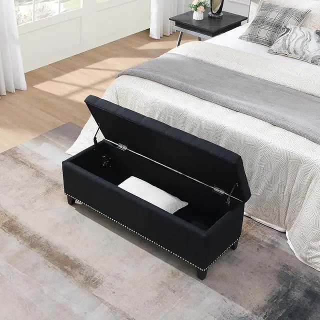 Alt view image 4 of 7 - Button Tufted End of Bed Storage Bench, 47.5" Linen Upholstered Ottoman with Safety Close Hinge, Window Bench Entryway Footstool with for Living Room, Hallway, Bedroom, Hold up to 350lbs, Black