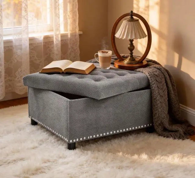 Alt view image 4 of 7 - 30" Ottoman Coffee Table with Removable Lid, Tufted Square Storage Ottoman with Nailhead Trim Decor, Upholstered Bench, Small Space Side Table, Footstool for Living Room, Bedroom, Office, Light Gray