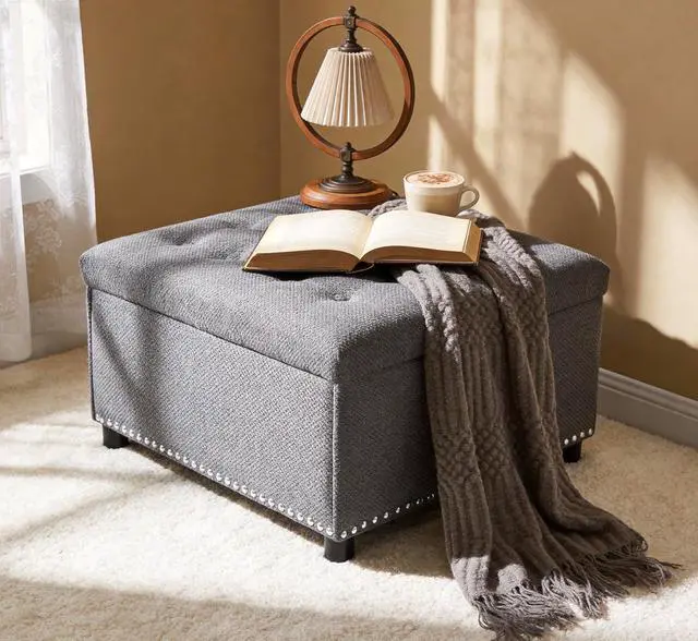 Alt view image 3 of 7 - 30" Ottoman Coffee Table with Removable Lid, Tufted Square Storage Ottoman with Nailhead Trim Decor, Upholstered Bench, Small Space Side Table, Footstool for Living Room, Bedroom, Office, Light Gray