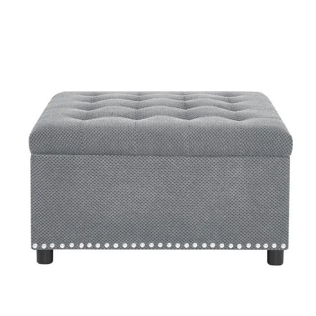 Alt view image 5 of 7 - 30" Ottoman Coffee Table with Removable Lid, Tufted Square Storage Ottoman with Nailhead Trim Decor, Upholstered Bench, Small Space Side Table, Footstool for Living Room, Bedroom, Office, Light Gray