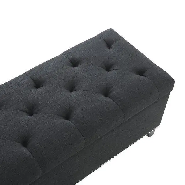 Alt view image 7 of 7 - Button Tufted End of Bed Storage Bench, 47.5" Linen Upholstered Ottoman with Safety Close Hinge, Window Bench Entryway Footstool with for Living Room, Hallway, Bedroom, Hold up to 350lbs, Black