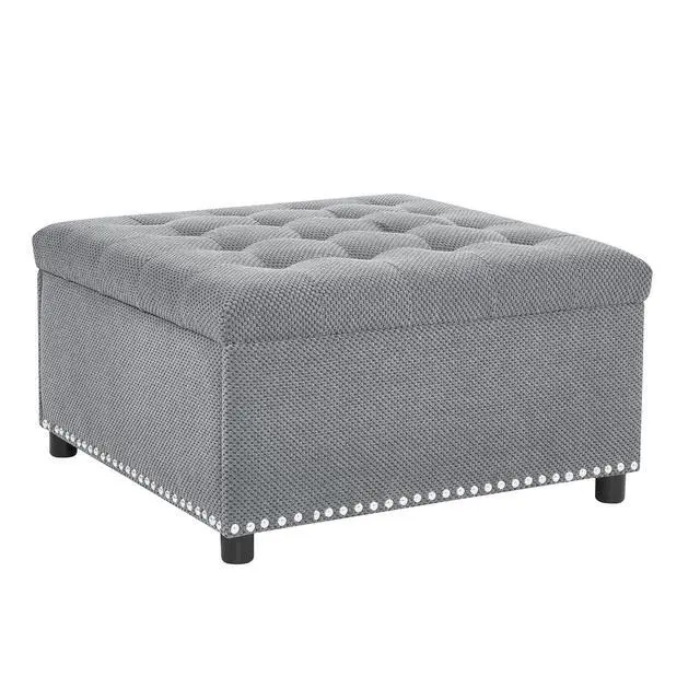 Alt view image 6 of 7 - 30" Ottoman Coffee Table with Removable Lid, Tufted Square Storage Ottoman with Nailhead Trim Decor, Upholstered Bench, Small Space Side Table, Footstool for Living Room, Bedroom, Office, Light Gray