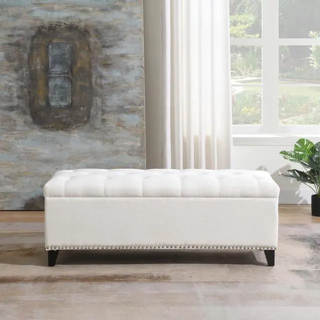 Alt view image 4 of 7 - Button Tufted End of Bed Storage Bench, 47.5" Linen Upholstered Ottoman with Safety Close Hinge, Window Bench Entryway Footstool with for Living Room, Hallway, Bedroom, Hold up to 350lbs, Beige