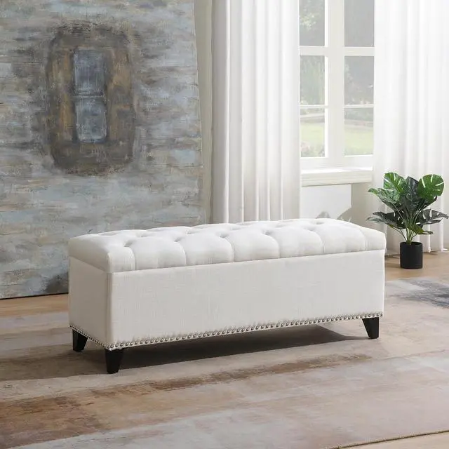 Alt view image 3 of 7 - Button Tufted End of Bed Storage Bench, 47.5" Linen Upholstered Ottoman with Safety Close Hinge, Window Bench Entryway Footstool with for Living Room, Hallway, Bedroom, Hold up to 350lbs, Beige