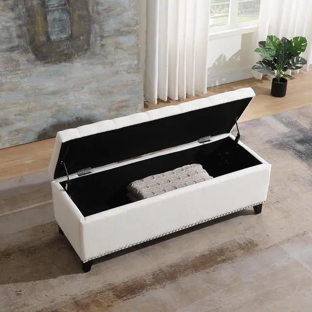Alt view image 5 of 7 - Button Tufted End of Bed Storage Bench, 47.5" Linen Upholstered Ottoman with Safety Close Hinge, Window Bench Entryway Footstool with for Living Room, Hallway, Bedroom, Hold up to 350lbs, Beige