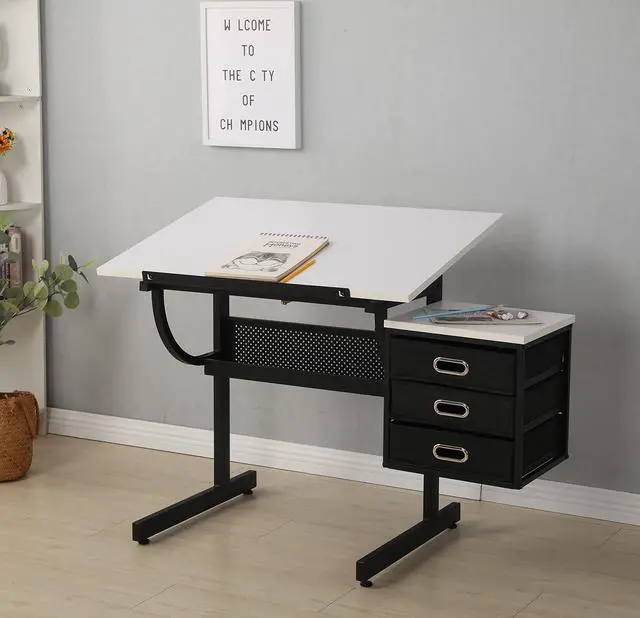 Alt view image 5 of 7 - Drafting Table with Storage for Adults/Artists, Drawing Art Desk with 3 Drawers and Stool,Tabletop Adjustable Art Table Workstation for Studio Home Office School,White | Drawing Desk with Storage Shel