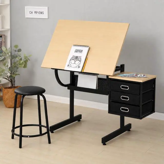 Main image of Adjustable Drafting Table with Drawers and Stool for Adults/Artists, Maple | Drawing Desk with Storage Shelf Side Table,Tabletop Angle Adjustable, Art Table Workstation for Painting Craft DIY