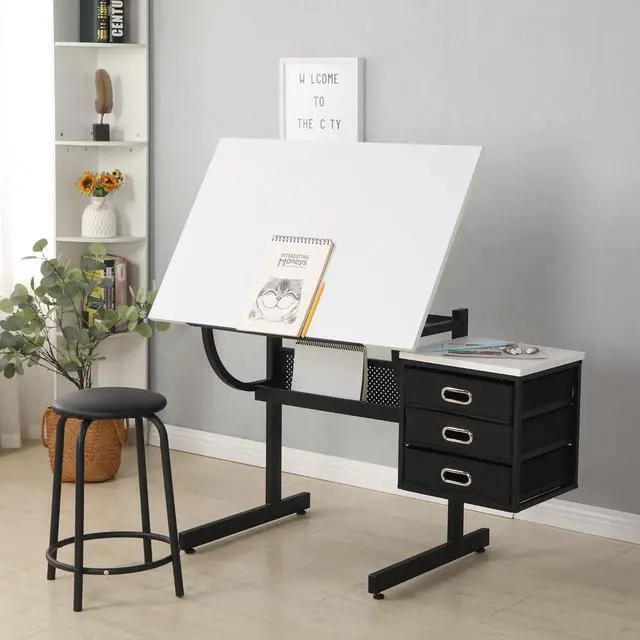 Alt view image 6 of 7 - Drafting Table with Storage for Adults/Artists, Drawing Art Desk with 3 Drawers and Stool,Tabletop Adjustable Art Table Workstation for Studio Home Office School,White | Drawing Desk with Storage Shel