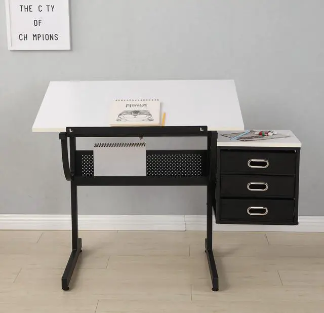 Alt view image 7 of 7 - Drafting Table with Storage for Adults/Artists, Drawing Art Desk with 3 Drawers and Stool,Tabletop Adjustable Art Table Workstation for Studio Home Office School,White | Drawing Desk with Storage Shel