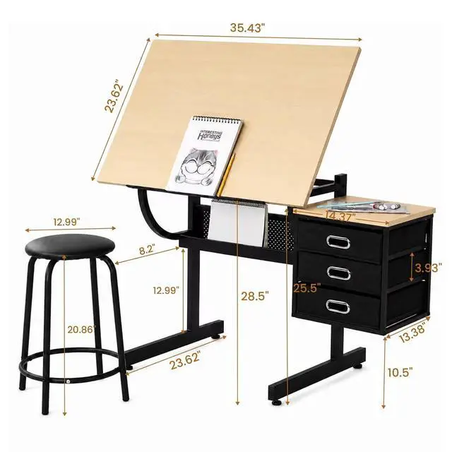 Alt view image 2 of 5 - Adjustable Drafting Table with Drawers and Stool for Adults/Artists, Maple | Drawing Desk with Storage Shelf Side Table,Tabletop Angle Adjustable, Art Table Workstation for Painting Craft DIY