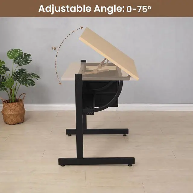 Alt view image 3 of 5 - Adjustable Drafting Table with Drawers and Stool for Adults/Artists, Maple | Drawing Desk with Storage Shelf Side Table,Tabletop Angle Adjustable, Art Table Workstation for Painting Craft DIY