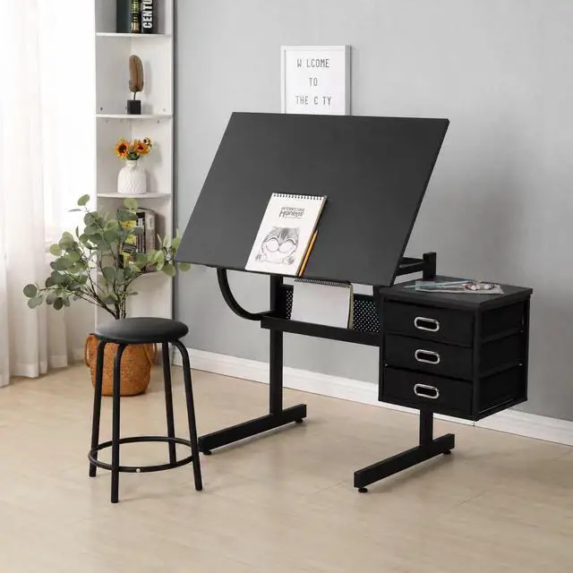 Main image of Adjustable Drafting Table with Drawers and Stool for Adults/Artists, Black | Drawing Desk with Storage Shelf Side Table,Tabletop Angle Adjustable, Art Table Workstation for Painting Craft DIY
