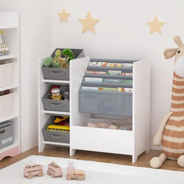Alt view image 7 of 7 - Wooden Bookshelf and Toy Storage Organizer, Multifunctional 4 Tier Sling Book Shelf with 3 Collapsible Fabric Drawers, Toys Box for Kids Room Playroom Bedroom Classroom