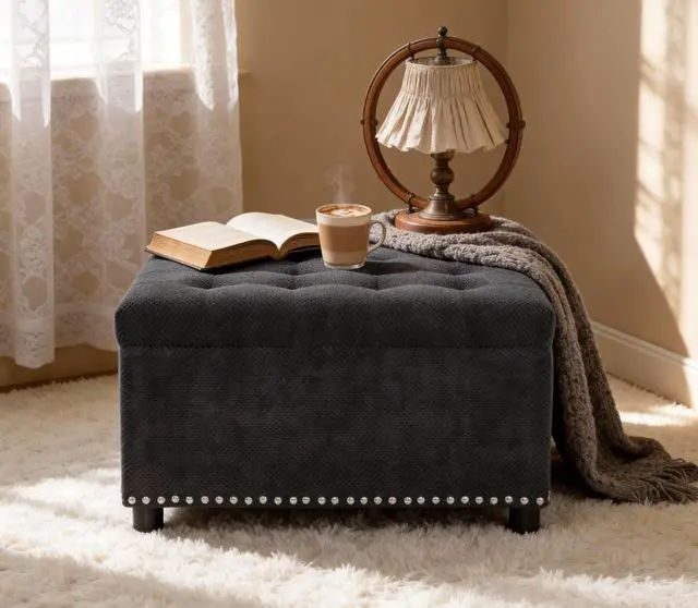 Alt view image 4 of 7 - 30" Ottoman Coffee Table with Removable Lid, Tufted Square Storage Ottoman with Nailhead Trim Decor, Upholstered Bench, Small Space Side Table, Footstool for Living Room, Bedroom and Office, Black