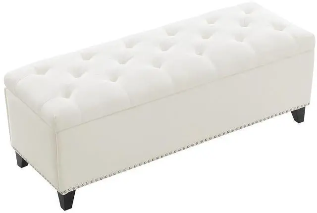 Alt view image 7 of 7 - Button Tufted End of Bed Storage Bench, 47.5" Linen Upholstered Ottoman with Safety Close Hinge, Window Bench Entryway Footstool with for Living Room, Hallway, Bedroom, Hold up to 350lbs, Beige