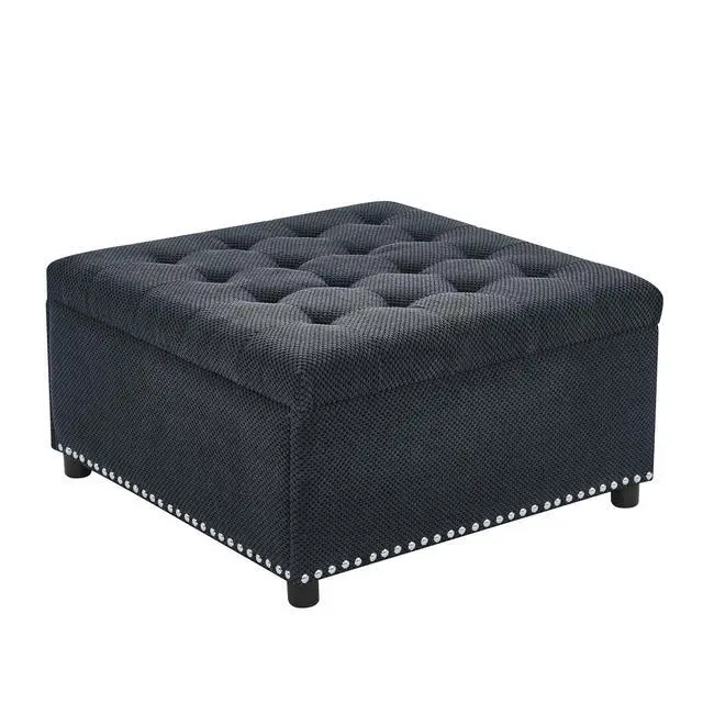 Alt view image 6 of 7 - 30" Ottoman Coffee Table with Removable Lid, Tufted Square Storage Ottoman with Nailhead Trim Decor, Upholstered Bench, Small Space Side Table, Footstool for Living Room, Bedroom and Office, Black