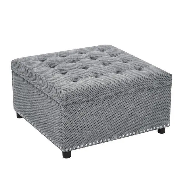 Alt view image 7 of 7 - 30" Ottoman Coffee Table with Removable Lid, Tufted Square Storage Ottoman with Nailhead Trim Decor, Upholstered Bench, Small Space Side Table, Footstool for Living Room, Bedroom, Office, Light Gray