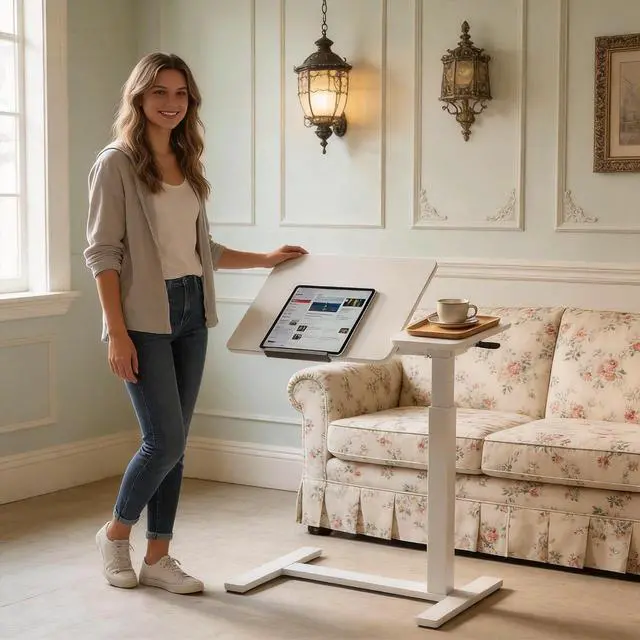 Alt view image 3 of 7 - Portable Overbed Rolling Desk, Small Standing Mobile Table with Adiustable Height, 27.56" Bedside Desk with Flip Desktop and 4 Hidden Wheels, Sofa Side Laptop Table for Home, Office, Study, Walnut