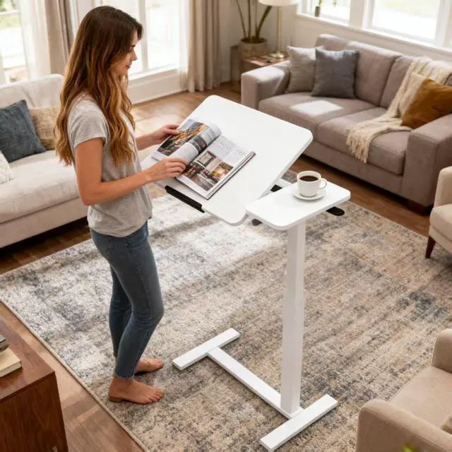 Alt view image 4 of 7 - Portable Overbed Rolling Desk, Small Standing Mobile Table with Adiustable Height, 27.56" Bedside Desk with Flip Desktop and 4 Hidden Wheels, Sofa Side Laptop Table for Home, Office, Study, Walnut