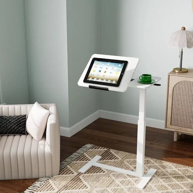 Alt view image 5 of 7 - Portable Overbed Rolling Desk, Small Standing Mobile Table with Adiustable Height, 27.56" Bedside Desk with Flip Desktop and 4 Hidden Wheels, Sofa Side Laptop Table for Home, Office, Study, Walnut
