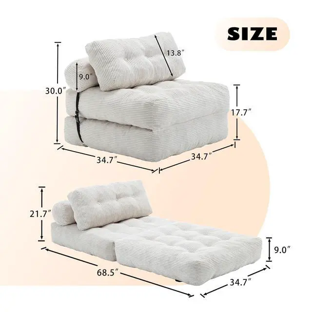 Alt view image 2 of 7 - Floor Lazy Sofa Bed, Convertible Folding Sleeper Chair with Pillow, Foldable Single Sofa Mattress with Back Support, Comfy Pullout Chair Bed Lounger for Living Room Bedroom, Beige