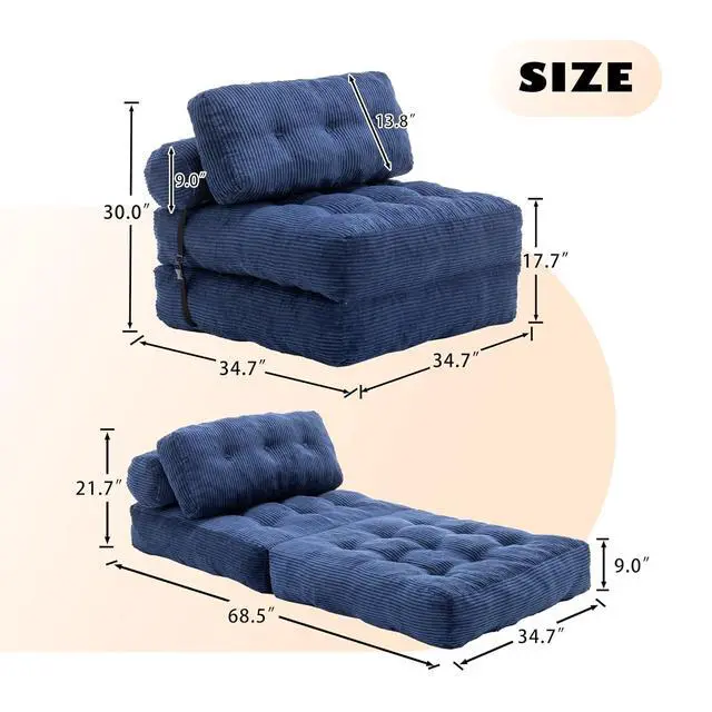 Alt view image 2 of 7 - Floor Lazy Sofa Bed, Convertible Folding Sleeper Chair with Pillow, Foldable Single Sofa Mattress with Back Support, Comfy Pullout Chair Bed Lounger for Living Room Bedroom, Dark Blue