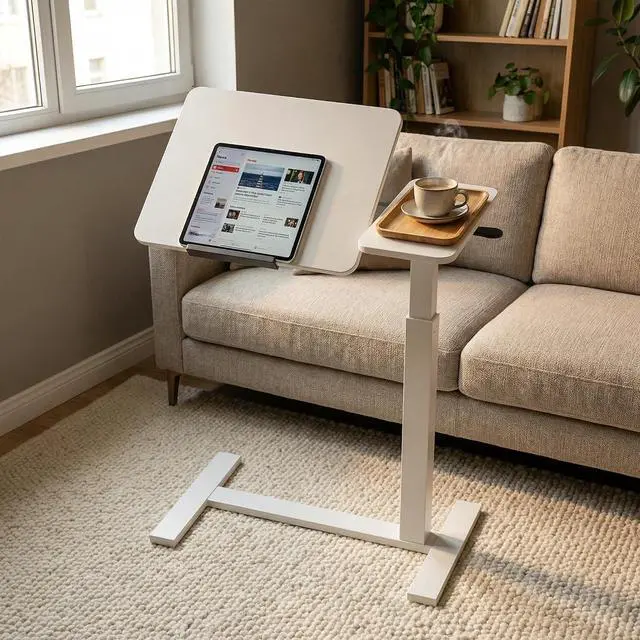 Alt view image 6 of 7 - Portable Overbed Rolling Desk, Small Standing Mobile Table with Adiustable Height, 27.56" Bedside Desk with Flip Desktop and 4 Hidden Wheels, Sofa Side Laptop Table for Home, Office, Study, Walnut