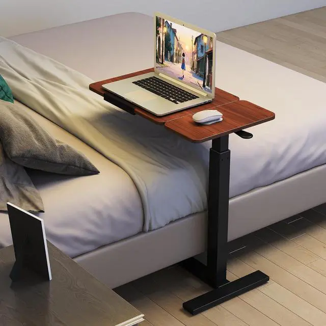 Alt view image 2 of 7 - Portable Overbed Rolling Desk, Small Standing Mobile Table with Adiustable Height, 27.56" Bedside Desk with Flip Desktop and 4 Hidden Wheels, Sofa Side Laptop Table for Home, Office, Study, Walnut