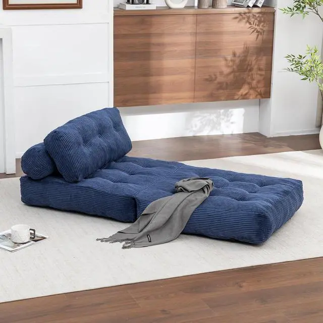 Alt view image 5 of 7 - Floor Lazy Sofa Bed, Convertible Folding Sleeper Chair with Pillow, Foldable Single Sofa Mattress with Back Support, Comfy Pullout Chair Bed Lounger for Living Room Bedroom, Dark Blue