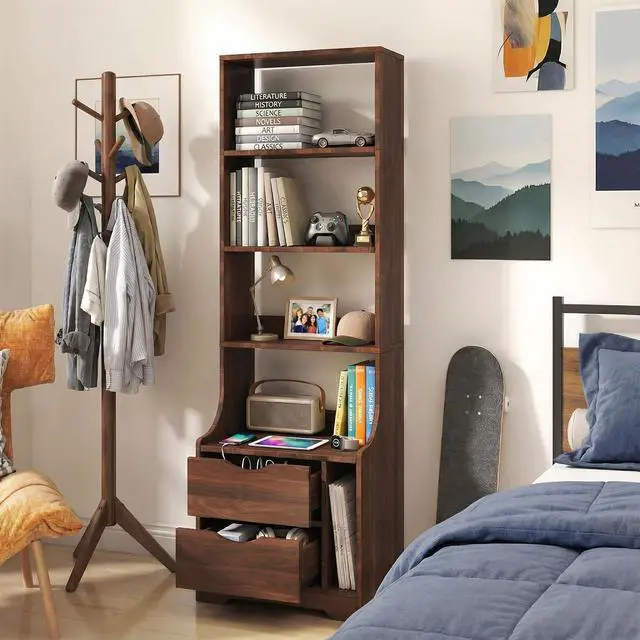Main image of 58" Tall Nightstand with Bookshelf, Walnut Night Stand with Open Shelves and Storage Drawers, Bedside Storage Cabinet with Magazine Rack, Mid Century Side Table for Bedroom, Dorms, Living Room