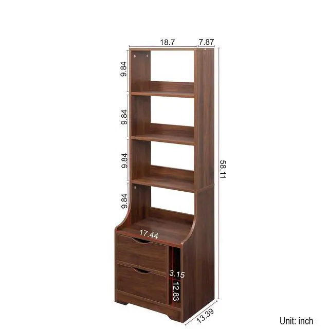 Alt view image 2 of 7 - 58" Tall Nightstand with Bookshelf, Walnut Night Stand with Open Shelves and Storage Drawers, Bedside Storage Cabinet with Magazine Rack, Mid Century Side Table for Bedroom, Dorms, Living Room