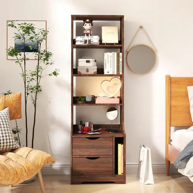 Alt view image 3 of 7 - 58" Tall Nightstand with Bookshelf, Walnut Night Stand with Open Shelves and Storage Drawers, Bedside Storage Cabinet with Magazine Rack, Mid Century Side Table for Bedroom, Dorms, Living Room