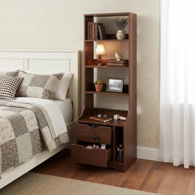 Alt view image 4 of 7 - 58" Tall Nightstand with Bookshelf, Walnut Night Stand with Open Shelves and Storage Drawers, Bedside Storage Cabinet with Magazine Rack, Mid Century Side Table for Bedroom, Dorms, Living Room