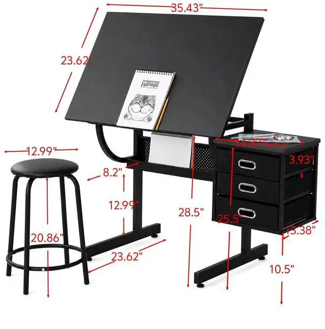 Alt view image 2 of 7 - Adjustable Drafting Table with Drawers and Stool for Adults/Artists, Black | Drawing Desk with Storage Shelf Side Table,Tabletop Angle Adjustable, Art Table Workstation for Painting Craft DIY