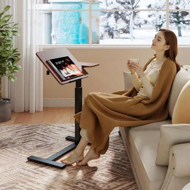 Alt view image 5 of 7 - Portable Overbed Rolling Desk, Small Standing Mobile Table with Adiustable Height, 27.56" Bedside Desk with Flip Desktop and 4 Hidden Wheels, Sofa Side Laptop Table for Home, Office, Study, Walnut