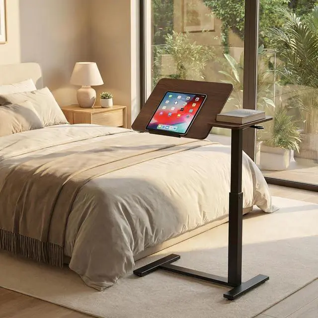 Alt view image 3 of 7 - Portable Overbed Rolling Desk, Small Standing Mobile Table with Adiustable Height, 27.56" Bedside Desk with Flip Desktop and 4 Hidden Wheels, Sofa Side Laptop Table for Home, Office, Study, Walnut
