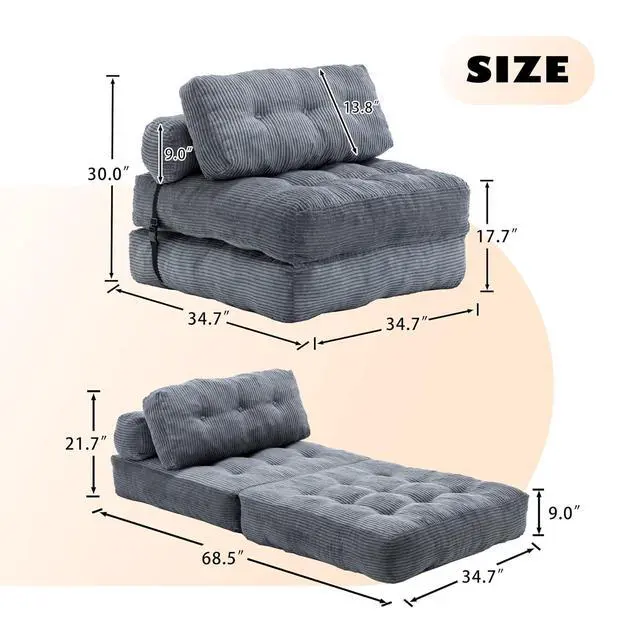 Alt view image 2 of 7 - Floor Lazy Sofa Bed, Convertible Folding Sleeper Chair with Pillow, Foldable Single Sofa Mattress with Back Support, Comfy Pullout Chair Bed Lounger for Living Room Bedroom, Dark Gray