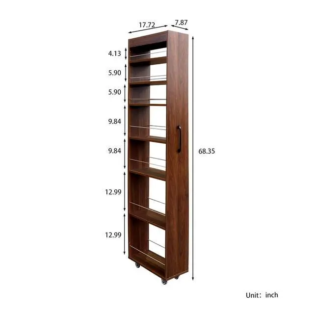 Alt view image 3 of 7 - 7 Tier Slim Storage Cart with Pull-out Open Shelves, Single-sided of Fridge Slim Rolling Storage Cart with Wheels, Pull Out Spice Rack, Narrow Snack Organizer for Kitchen, Living Room, Walnut