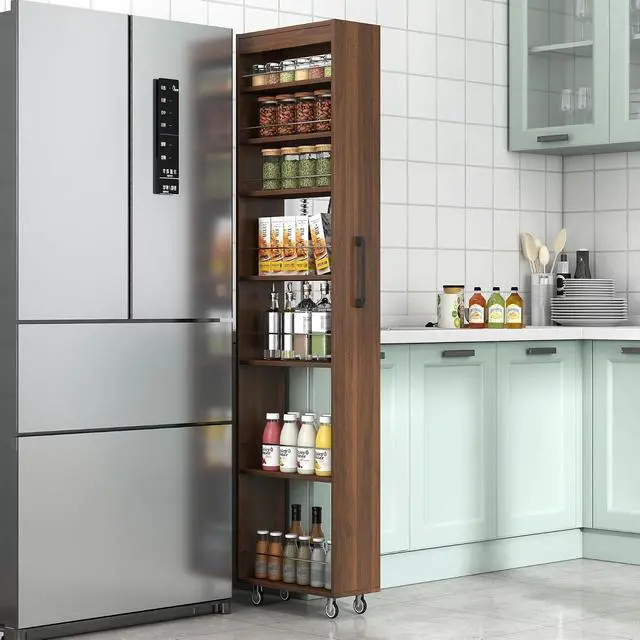 Alt view image 2 of 7 - 7 Tier Slim Storage Cart with Pull-out Open Shelves, Single-sided of Fridge Slim Rolling Storage Cart with Wheels, Pull Out Spice Rack, Narrow Snack Organizer for Kitchen, Living Room, Walnut