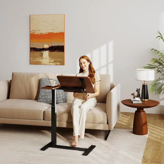 Alt view image 6 of 7 - Portable Overbed Rolling Desk, Small Standing Mobile Table with Adiustable Height, 27.56" Bedside Desk with Flip Desktop and 4 Hidden Wheels, Sofa Side Laptop Table for Home, Office, Study, Walnut