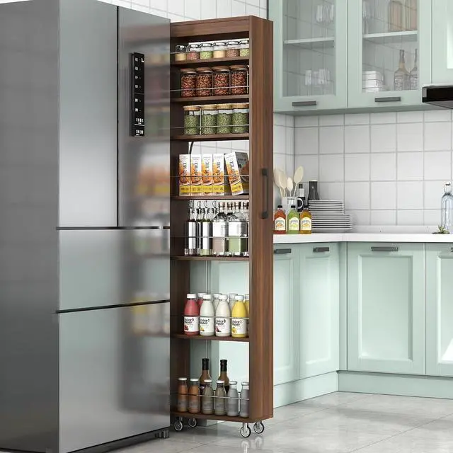 Main image of 7 Tier Slim Storage Cart with Pull-out Open Shelves, Single-sided of Fridge Slim Rolling Storage Cart with Wheels, Pull Out Spice Rack, Narrow Snack Organizer for Kitchen, Living Room, Walnut