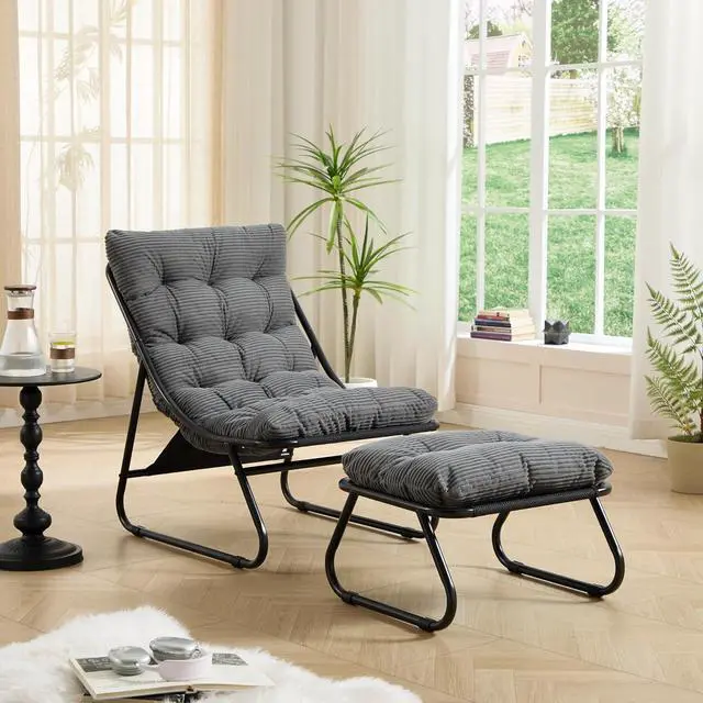 Alt view image 3 of 7 - Outdoor Patio Chair with Foot Stool, Corduroy Armless Accent Lounge Chair with Removable Puffy Cushion, Metal Frame and Footrest for Living Room, Bedroom, Reading Room, Grey