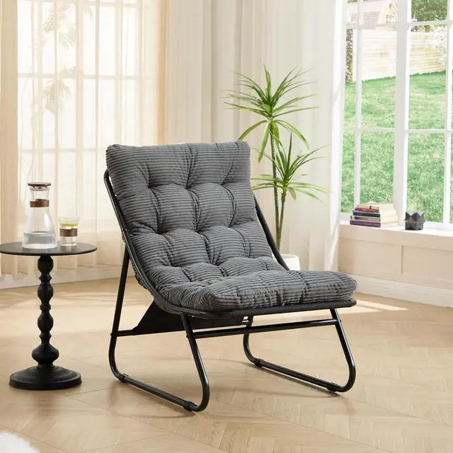Alt view image 5 of 7 - Outdoor Patio Chair with Foot Stool, Corduroy Armless Accent Lounge Chair with Removable Puffy Cushion, Metal Frame and Footrest for Living Room, Bedroom, Reading Room, Grey