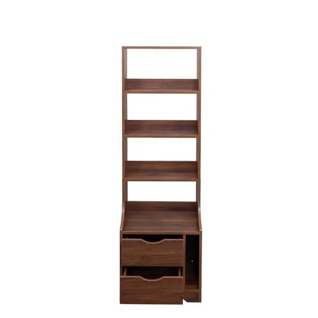 Alt view image 6 of 7 - 58" Tall Nightstand with Bookshelf, Walnut Night Stand with Open Shelves and Storage Drawers, Bedside Storage Cabinet with Magazine Rack, Mid Century Side Table for Bedroom, Dorms, Living Room